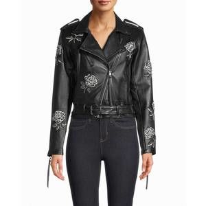 NEW NICOLE MILLER embellished rose moto jacket in black embellished rose